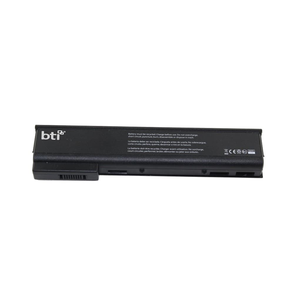 Black lithium-ion notebook battery with a 2550mAh capacity, featuring a sleek design and multiple connection points, marked with the BTI logo and safety information on the back.