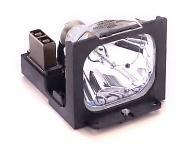 BTI lamp for CHRISTIE DS+65/DS+650, featuring a clear glass bulb encased in a black plastic housing with metal connectors on one side.
