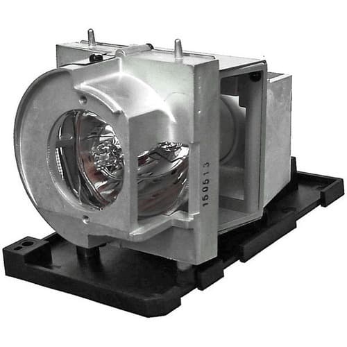 Silver projector lamp with a clear glass bulb, housed in a black plastic casing, featuring metal connectors and a compact design for Smartboard compatibility.
