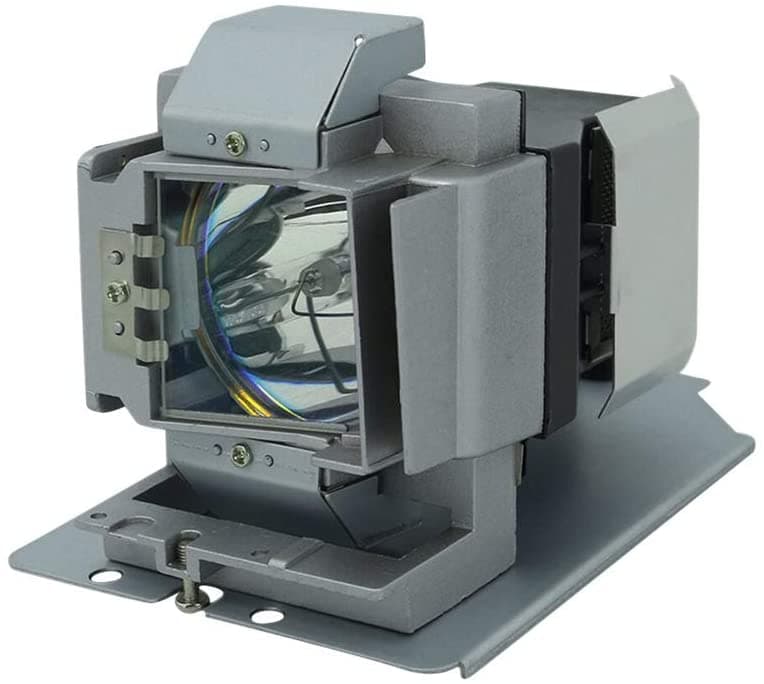 Replacement projector lamp with a silver and gray housing, featuring a clear glass bulb and metal connectors, designed for Promethean UST-P1 and UST-P2 models by BTI.