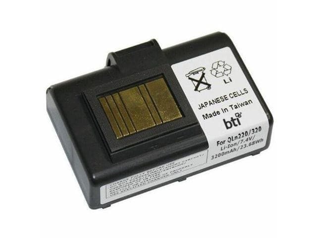 Black Li-ion battery with gold contacts, labeled "BTI 7.4V 3200mAh 23.68Wh," featuring a white sticker with product details and a recycling symbol, made in Taiwan.