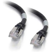 Black C2G 2m Cat6a booted shielded network patch cable with clear connectors and protective boots.