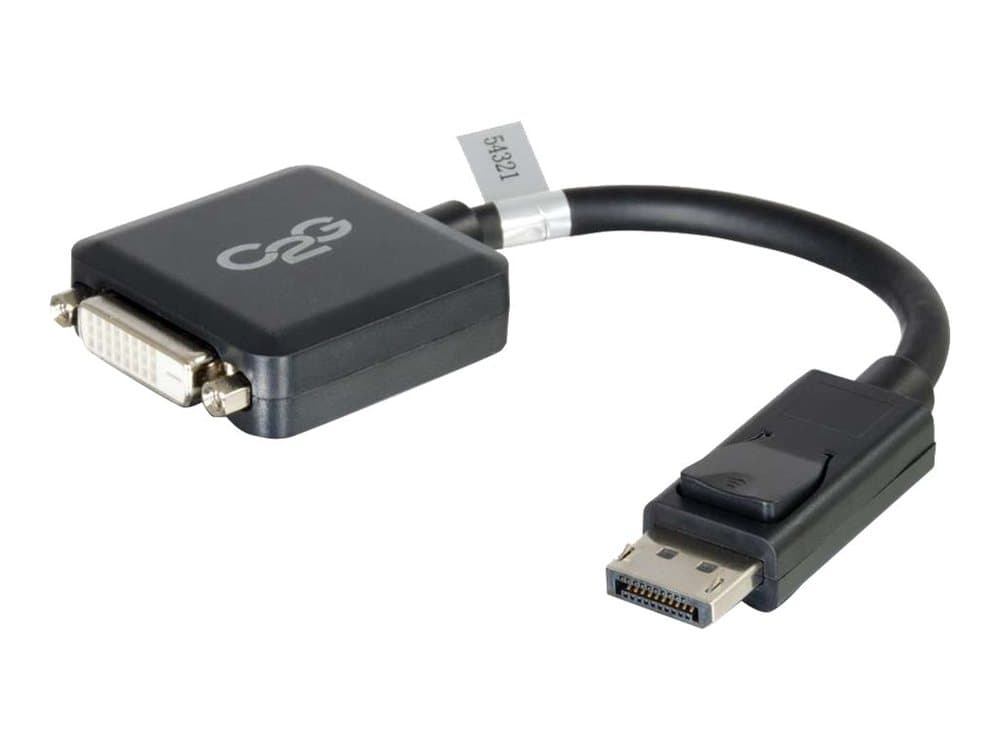 C2G 8-inch DisplayPort male to single link DVI-D female adapter converter with a black plastic housing and a flexible cable, featuring a secure latch on the DisplayPort end.