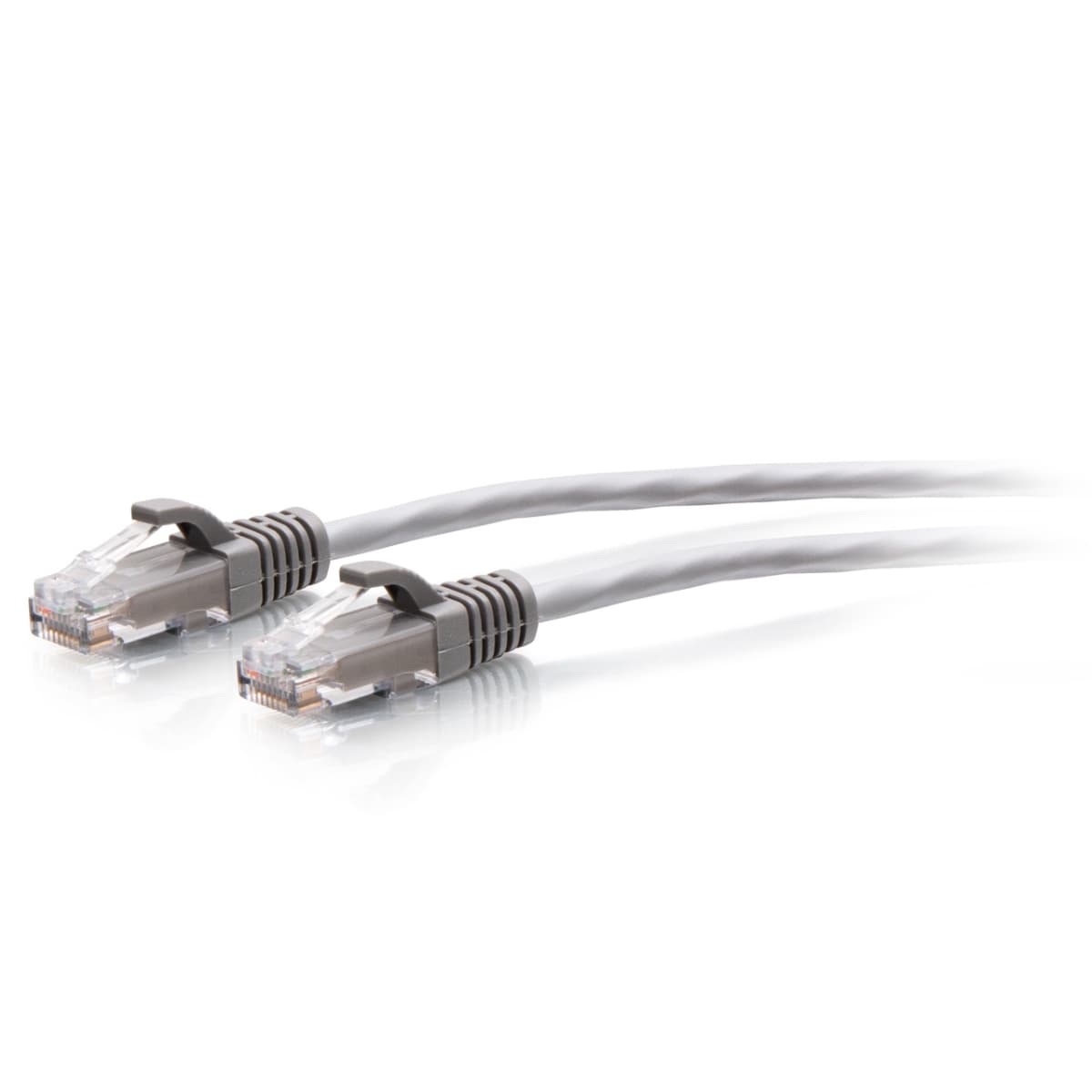 Gray 5 ft. Cat6a snagless unshielded twisted pair Ethernet patch cable with transparent connectors on both ends.