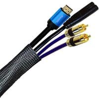Black braided sleeving for cables, expandable 5mm-12mm, LSOH material, shown with HDMI and RCA connectors.