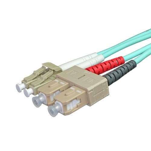 Aqua-colored 10m OM3 50/125 LC-SC duplex fibre patch lead featuring two beige LC connectors and one SC connector with colored strain relief boots.