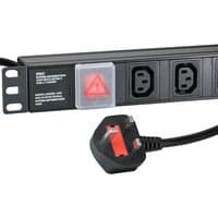 Black 12-way IEC-C13 horizontal 1u PDU with UK 3m feed, featuring multiple sockets and a UK plug.