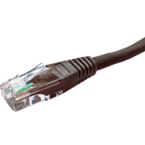 Brown 1m Cat5e RJ45 Ethernet cable with a flush moulded boot and 24AWG U/UTP PVC material, featuring a transparent connector with visible internal wiring.