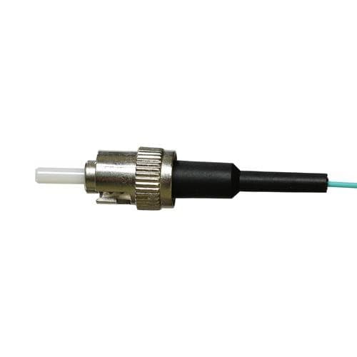 Aqua-colored 1m OM3 50/125 ST pigtail with a silver metal connector and a black rubber grip, featuring a 900um fiber core for high-speed data transmission.