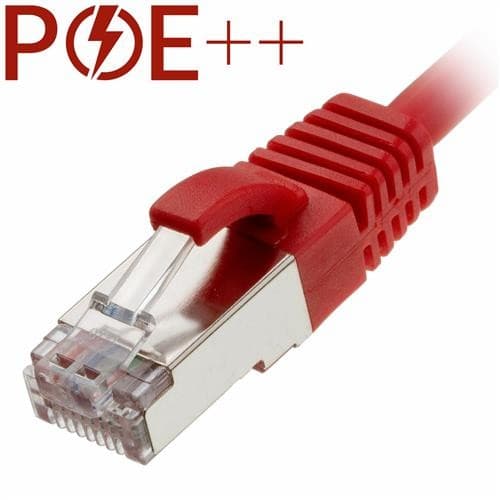 Red 2m Cat6a RJ45 patch cable with U/FTP shielding, 30AWG thickness, snagless booted design, and a clear connector for enhanced performance.