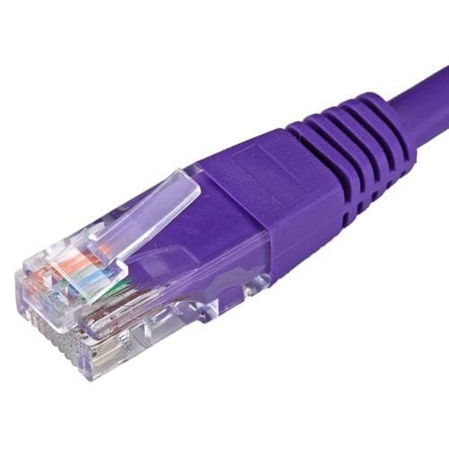 Violet 30m Cat5e RJ45 Ethernet cable with a flush moulded booted connector, featuring a durable PVC exterior and 24AWG wire gauge.