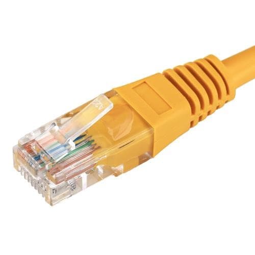 Yellow 30m Cat5e RJ45 Ethernet cable with a PVC outer sheath, featuring a flush moulded boot and 24AWG wire gauge for enhanced durability and performance.