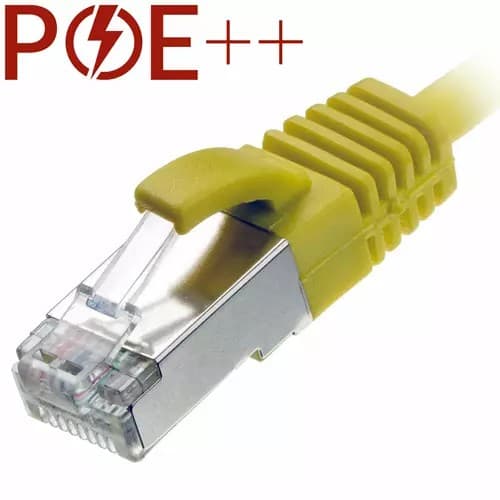 Yellow 3m Cat6a RJ45 Ethernet cable with a slim design, U/FTP shielding, 30AWG thickness, and snagless booted connector for enhanced durability.