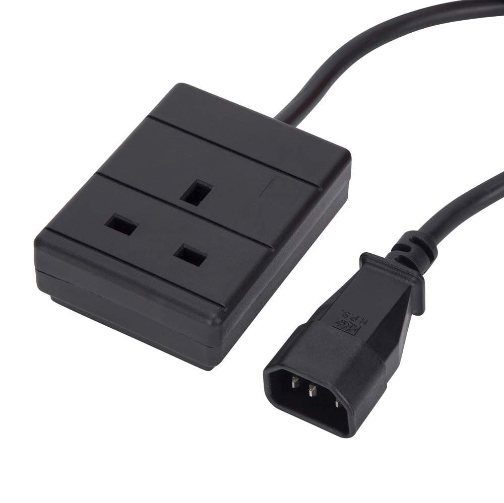 Black 0.5m power lead featuring a C14 plug on one end and a 10A UK socket on the other, designed for connecting electrical devices.