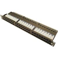 Black Cablenet 48 Port Cat5e UTP 1u Patch Panel with labeled ports and metal brackets on each side.