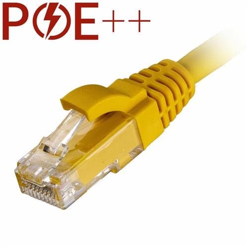 Yellow 5m Cat6 RJ45 U/UTP patch cable with a snagless booted connector, featuring a transparent plastic clip and 24AWG wire for enhanced performance.