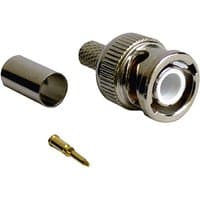 BNC crimp plug with silver finish, knurled grip, and separate gold pin for RG6 coaxial cables.