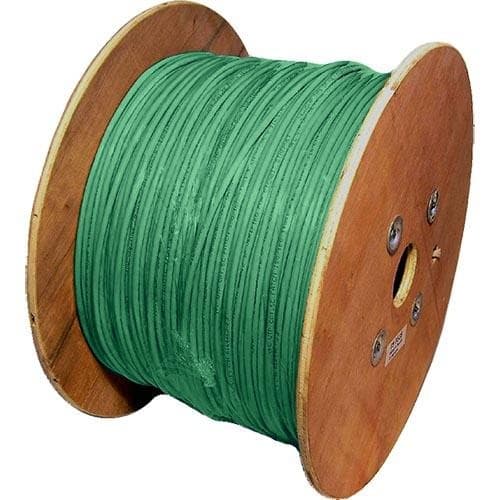 Green U/UTP Cat5e 24AWG stranded patch cable on a wooden reel, showcasing a 500m length, designed for low smoke zero halogen applications.