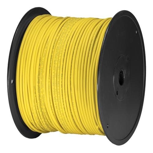 Yellow Cablenet Cat5e U/UTP PVC 24AWG stranded patch cable on a black spool, featuring 305 meters of durable, flexible wiring for networking applications.