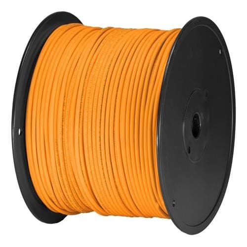 Orange Cat6 U/UTP PVC patch cable on a black spool, featuring 24AWG stranded wire and a length of 305 meters, designed for networking applications.