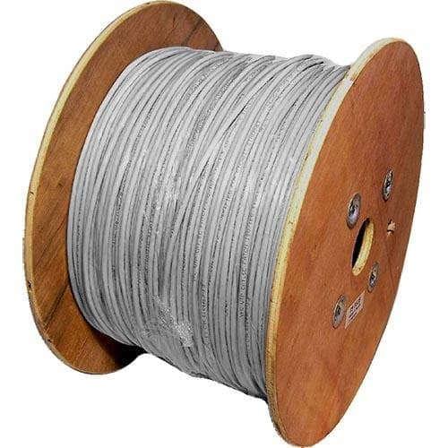 Grey S/FTP Cat6a patch cable on a wooden reel, featuring 26AWG stranded construction, designed for high-speed networking, with a length of 500 meters.