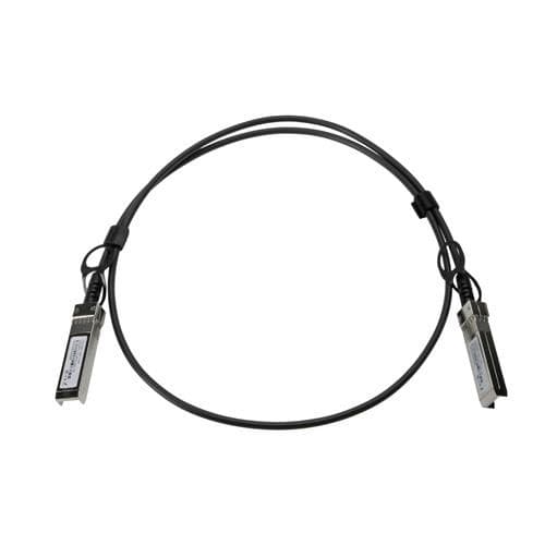 Black InfiniBand/fibre optic cable, 1 meter long, featuring two SFP+ connectors with metal housings, designed for high-speed data transmission.
