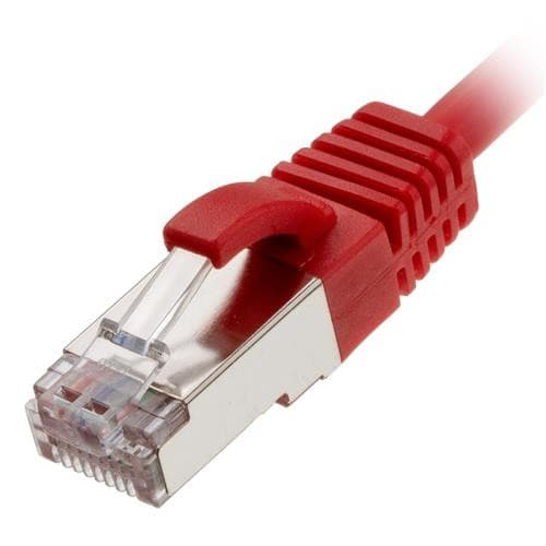 Red networking cable with a slim design, featuring a transparent connector and a clip for secure attachment, labeled as Cablenet CNL 0.25M C6 Rd UTP Ls 30AWG.
