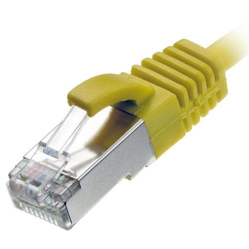 Yellow 0.3M Ethernet cable with a slim design, featuring a clear plastic connector and metal clip, labeled as Cablenet CNL 30AWG UTP.