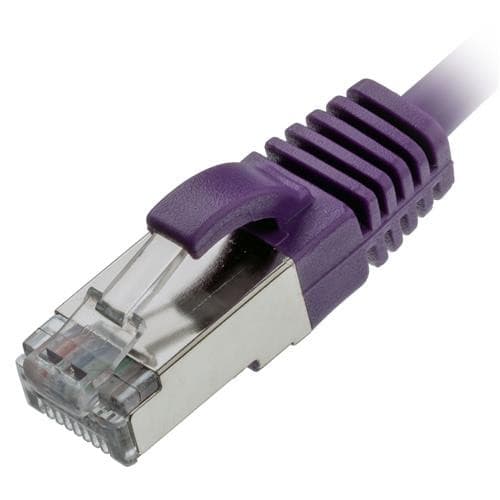 Purple Ethernet cable with a slim design, featuring a transparent connector and a molded strain relief for durability, labeled as Cablenet CNL 1.5M C6 Vi UTP Ls 30AWG.