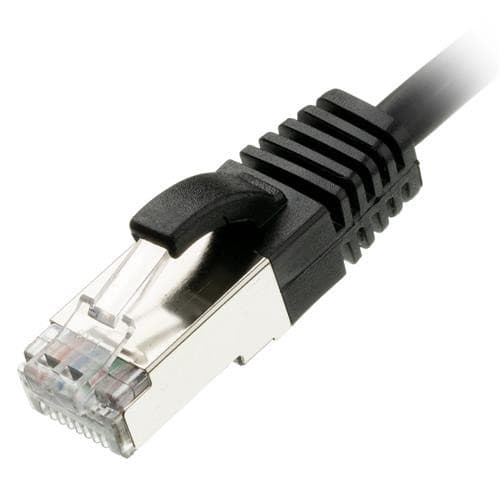 Black 2.5-meter Ethernet cable with a slim design, featuring a transparent connector and a grip for easy handling, designed for high-speed data transmission.