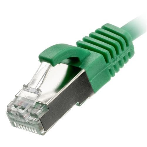 Green Cat6 networking cable with a slim design, featuring a transparent connector and a sturdy clip for secure connection, made of 30AWG UTP material.