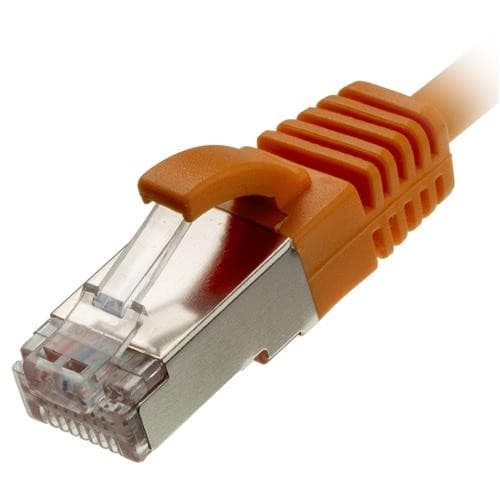 Orange 30AWG slim Ethernet cable with a clear plastic connector and a locking tab, designed for high-speed data transmission.