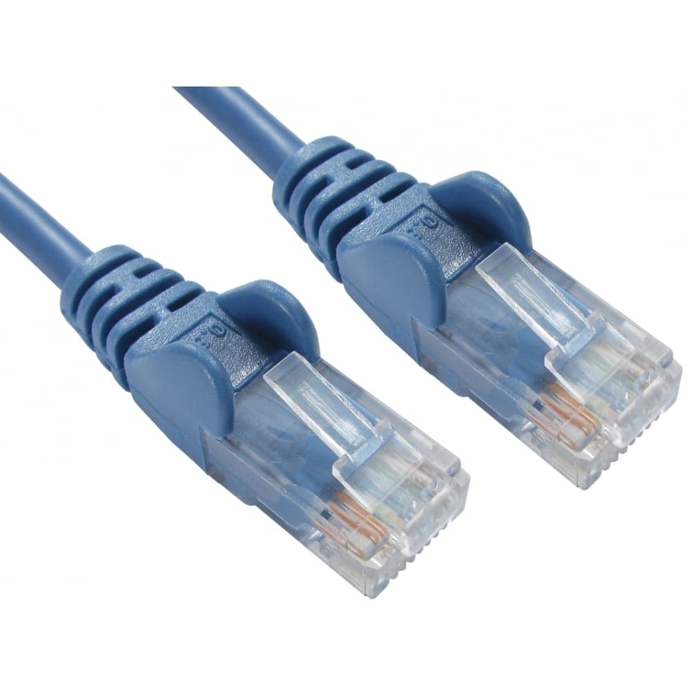 Blue 0.5m Ethernet networking cable with transparent connectors, designed for 10/100 Mbps speeds, featuring durable plastic ends and flexible wiring.