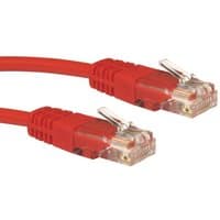 Red 10m Cat5e networking cable with clear RJ45 connectors, U/UTP design by Cables Direct