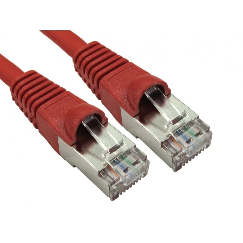 Red 5m CAT6a M-M networking cable with S/FTP (S-STP) shielding, featuring two clear connectors with metal clips for secure connections.