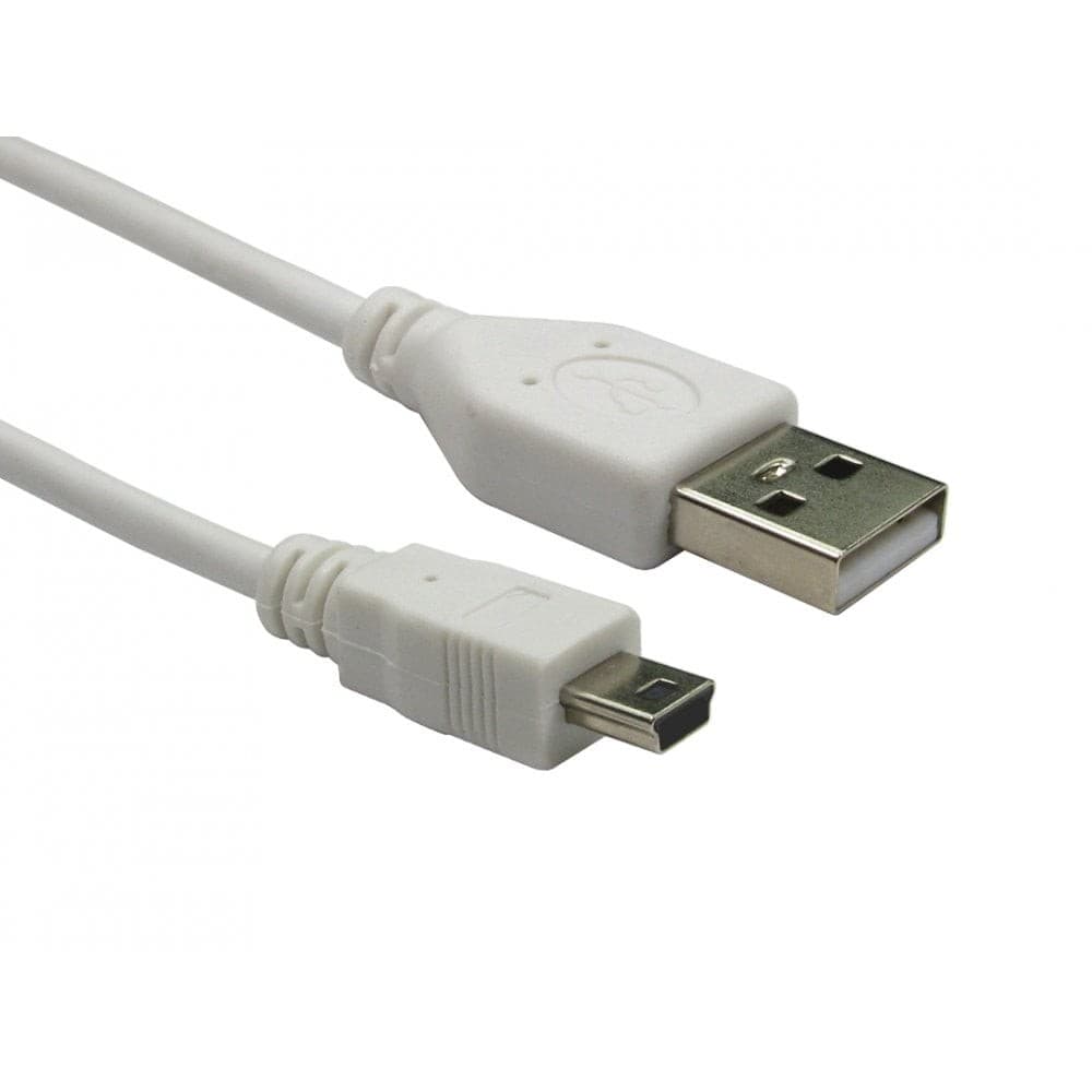 White 1.8m USB 2.0 cable featuring a standard USB-A connector on one end and a Mini-USB B connector on the other, with a smooth plastic finish.