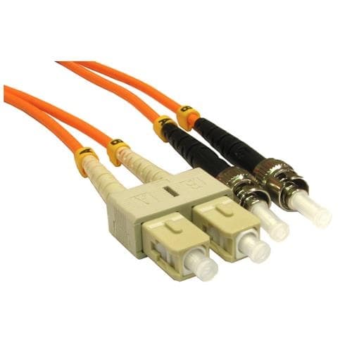 Orange 10m OM2 fibre cable with ST and SC connectors, featuring a durable design and color-coded strain reliefs for easy identification.