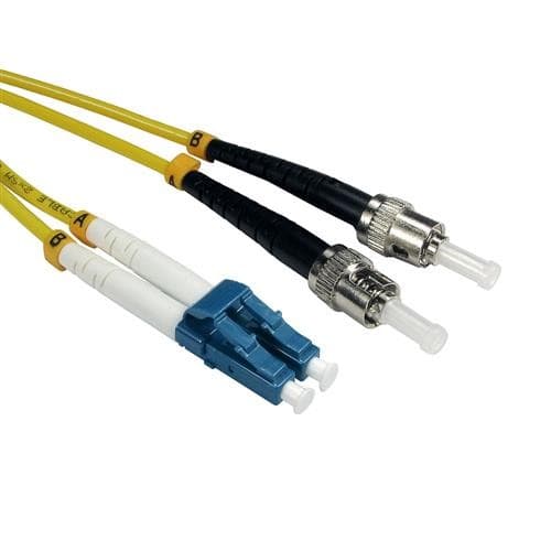 Yellow 3-meter fiber optic cable featuring LC and ST connectors, with blue and black connector housings labeled A and B, designed for single-mode 9/125 applications.