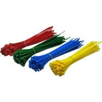 Blue, green, red, and yellow nylon cable ties in bundles, each secured with a tie, by Cables Direct.