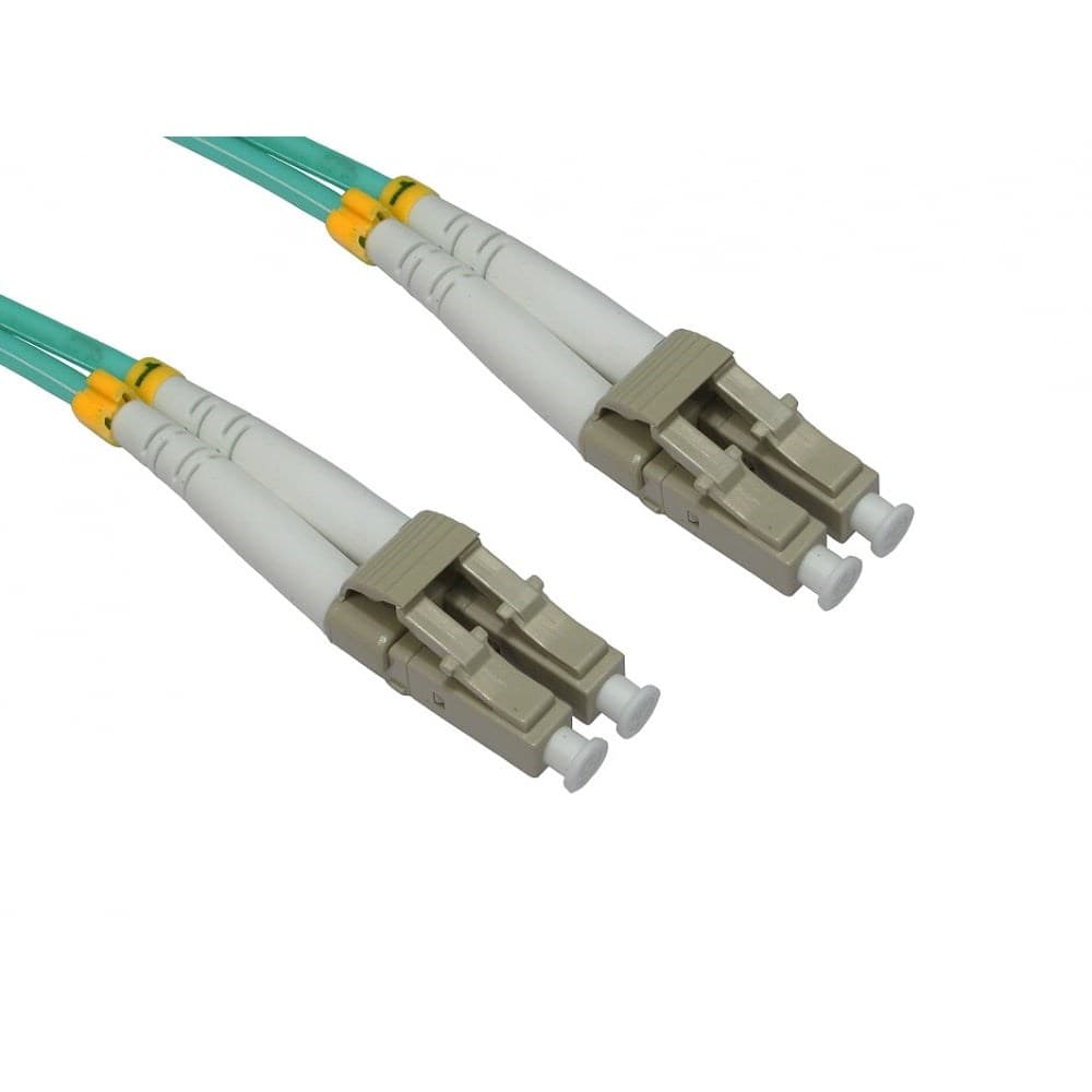 Light blue fibre optic cable, 0.5 meters long, with two beige LC connectors at each end, featuring yellow strain relief boots.