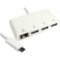 White USB3C-ETHGHUBA dock with three USB ports, Ethernet port, and USB-C connector.
