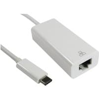 White USB-C to Ethernet adapter with Ethernet port and USB-C connector, compact rectangular design.