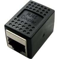 Black RJ45 cable gender changer with textured surface and labeled "RJ45 Coupler" on top.