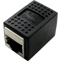 Black RJ45 cable gender changer with textured surface and labeled "RJ45 Coupler" on top.