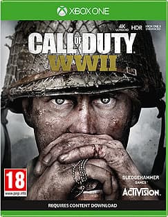 Call of Duty: WWII for Xbox One features a soldier in a helmet with a distressed expression, set against a dark background, with green branding and a prominent "18" age rating.