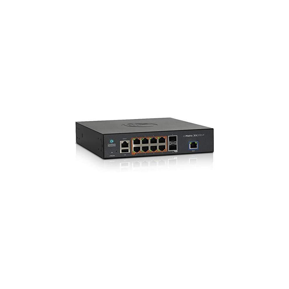 Black managed switch with eight Gigabit Ethernet ports, two USB ports, and a power input, featuring a sleek, compact design suitable for networking setups.