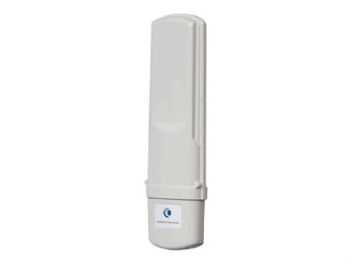 White, sleek subscriber module with a rounded top and a rectangular base, featuring the Cambium Networks logo on the front, designed for wireless connectivity.