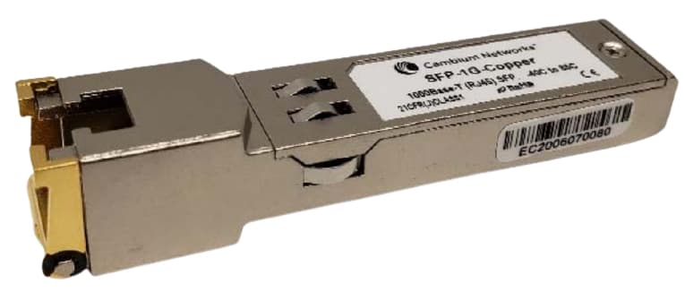Cambium Networks SFP-1G-COPPER transceiver module in metallic silver with a gold connector, featuring a label with model number and specifications for 1000 Mbit/s data transfer.