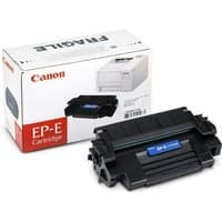 Canon black toner cartridge EP-E with blue label, next to white box featuring printer image.