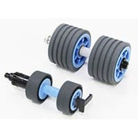 Canon printer/scanner spare part rollers, set of two, gray with blue centers, ribbed texture, black connectors.